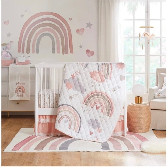 Levtex Pink and Gray Over The Rainbow Baby Crib Set NEW - Picture 1 of 6